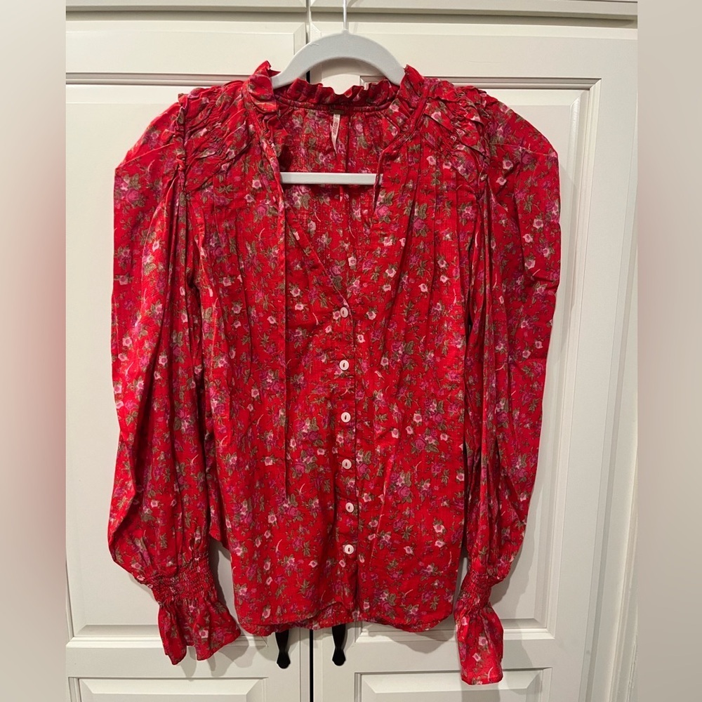 Free People Red Floral Ruffled Button-Front Blouse - Picture 2 of 7